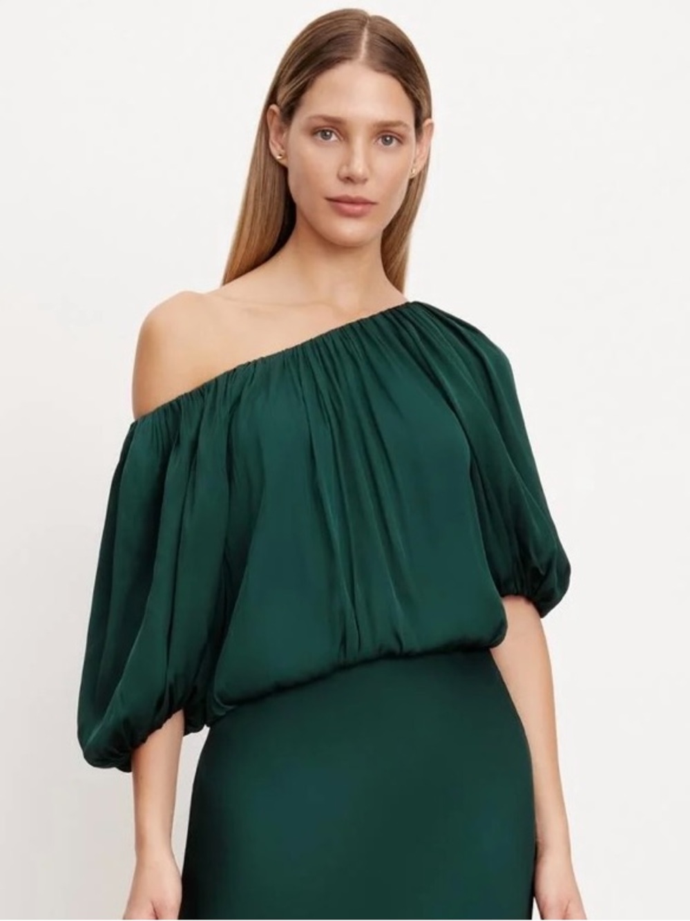 Velvet by Graham & Spencer Tami Satin Puff Sleeve Size Small in Fern Green